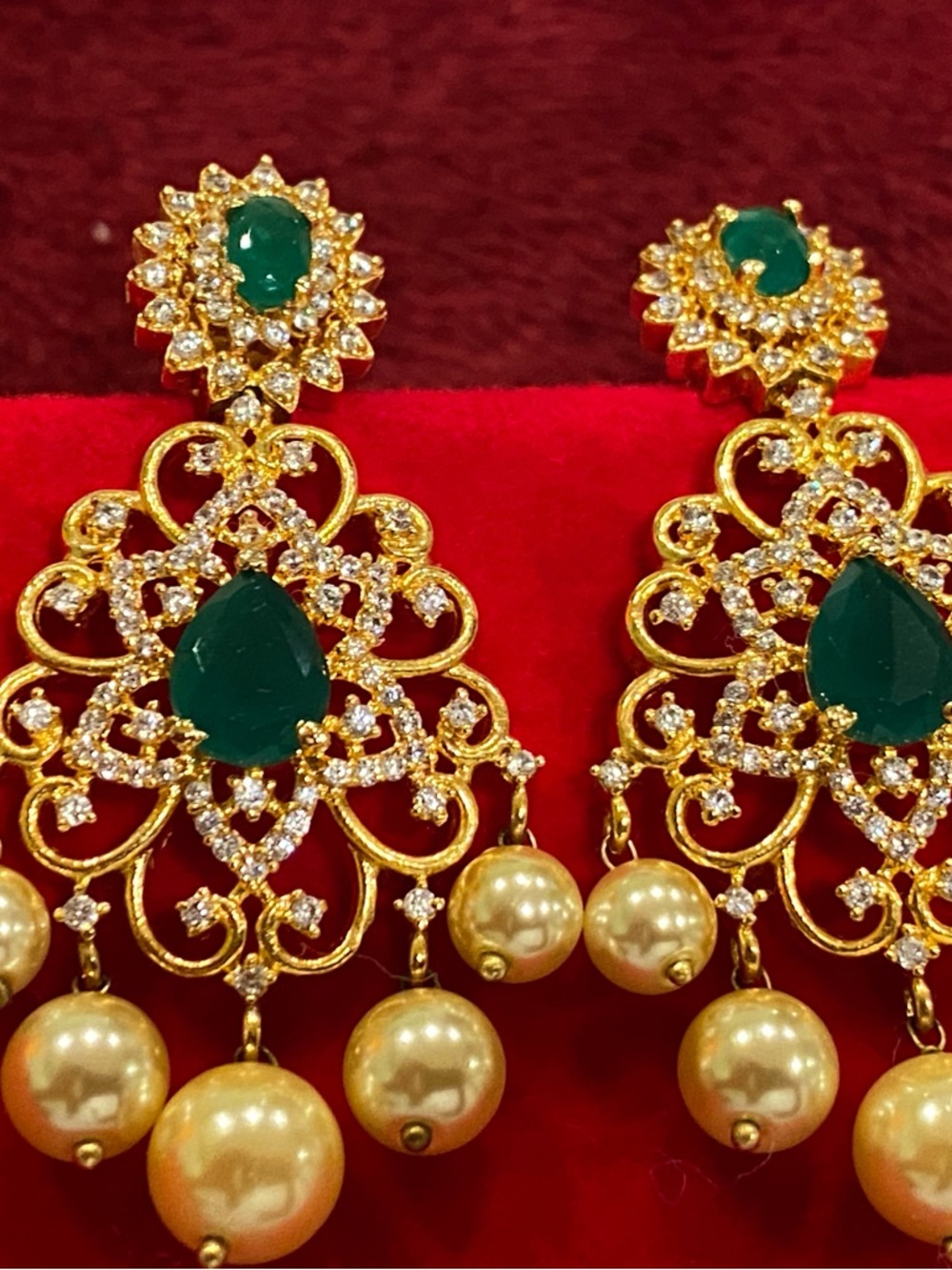 Gold-Tone Green Teardrop Pearl Dangle Earrings